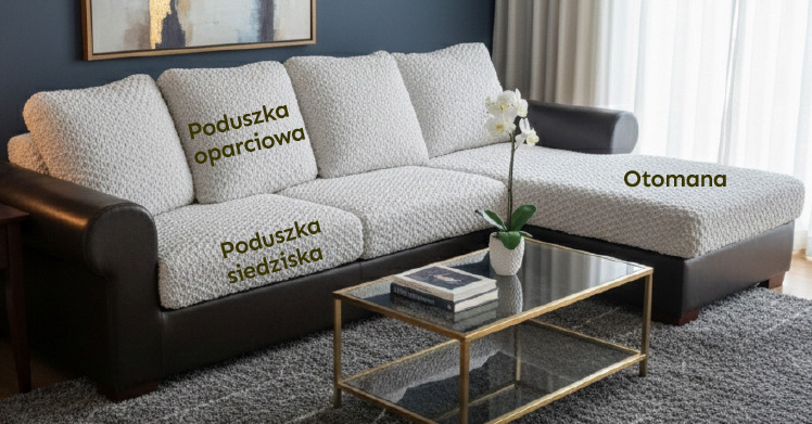 Kanapa z oznaczonymi siedziskami, poduszkami oparcia i otomaną